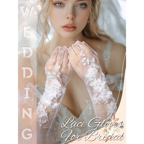 Women's White Floral Lace Halloween Flower Embroidery Gloves Tulle Party Prom - Picture 3 of 7